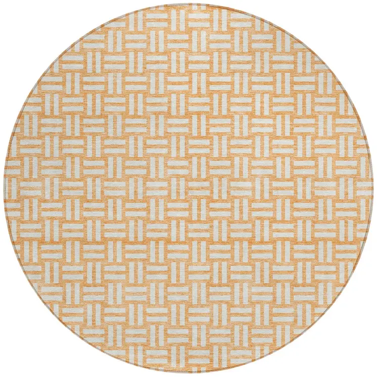 8' Peach And Gray Round Geometric Washable Indoor Outdoor Area Rug