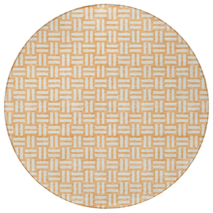 8' Peach And Gray Round Geometric Washable Indoor Outdoor Area Rug