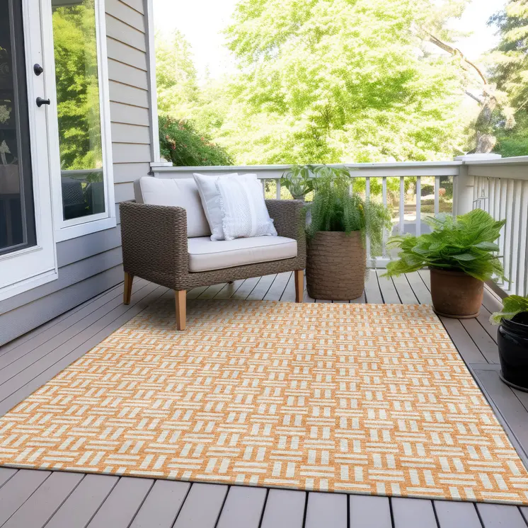 9' X 12' Peach And Gray Geometric Washable Indoor Outdoor Area Rug