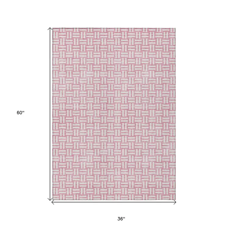 3' X 5' Pink And Ivory Geometric Washable Indoor Outdoor Area Rug