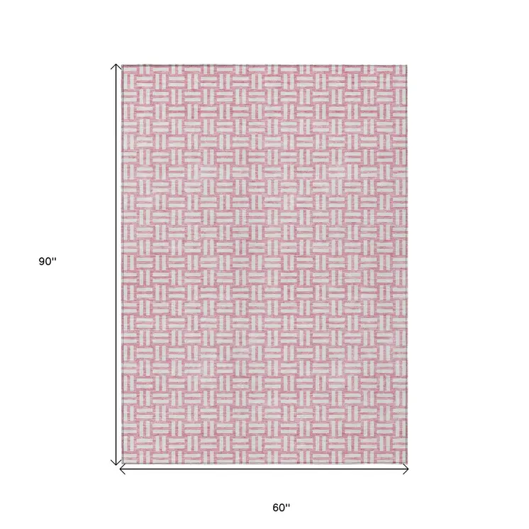 5' X 8' Pink And Ivory Geometric Washable Indoor Outdoor Area Rug