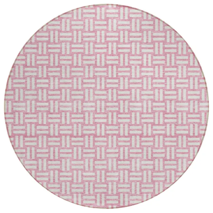 8' Pink And Ivory Round Geometric Washable Indoor Outdoor Area Rug