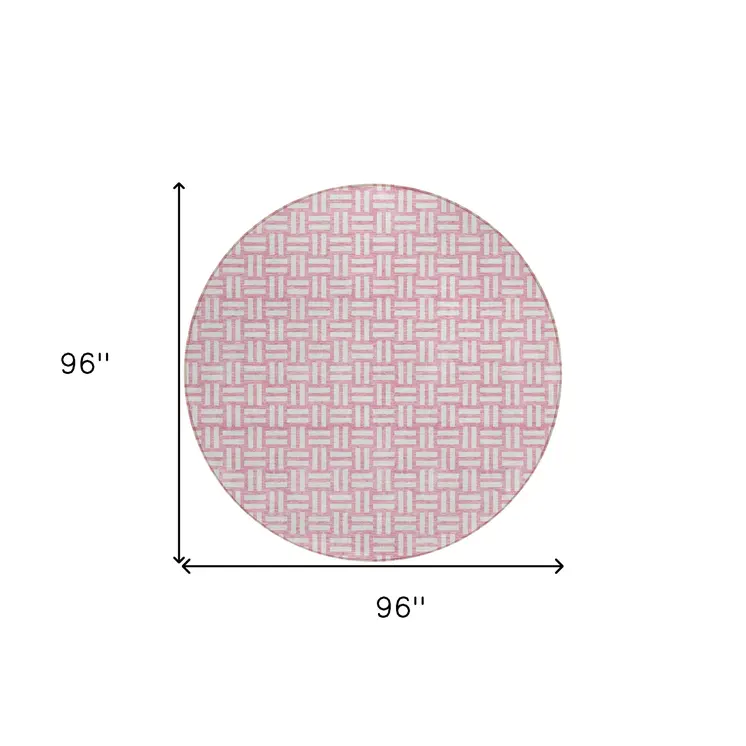 8' Pink And Ivory Round Geometric Washable Indoor Outdoor Area Rug