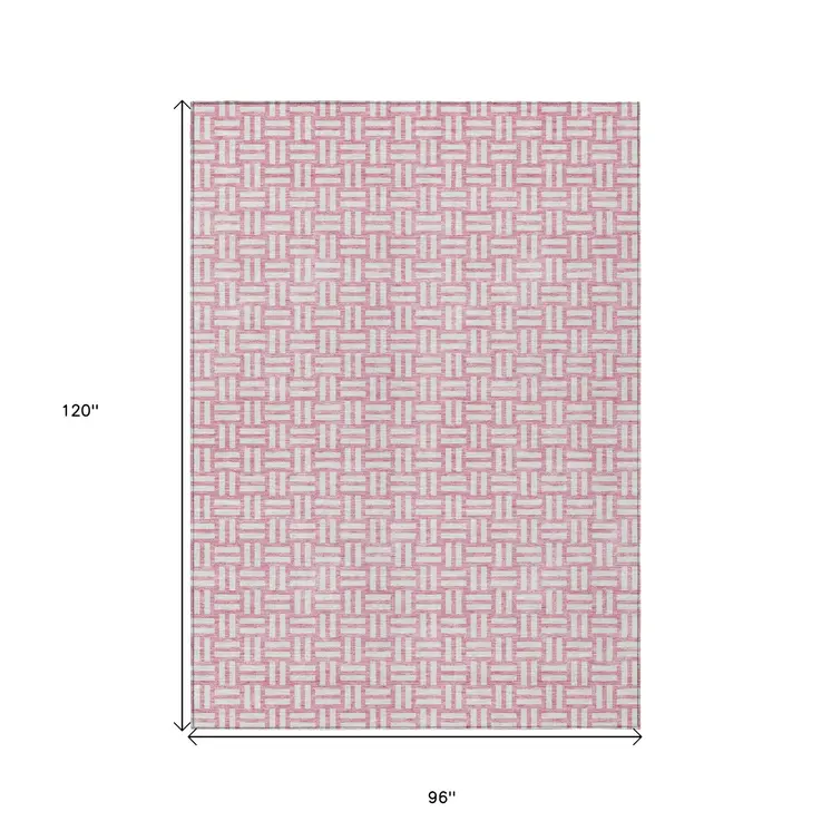 8' X 10' Pink And Ivory Geometric Washable Indoor Outdoor Area Rug