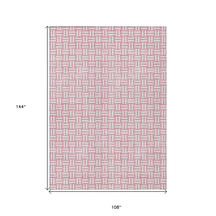 9' X 12' Pink And Ivory Geometric Washable Indoor Outdoor Area Rug