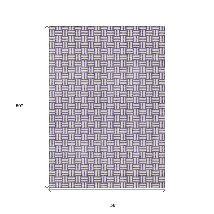 3' X 5' Purple And Ivory Geometric Washable Indoor Outdoor Area Rug