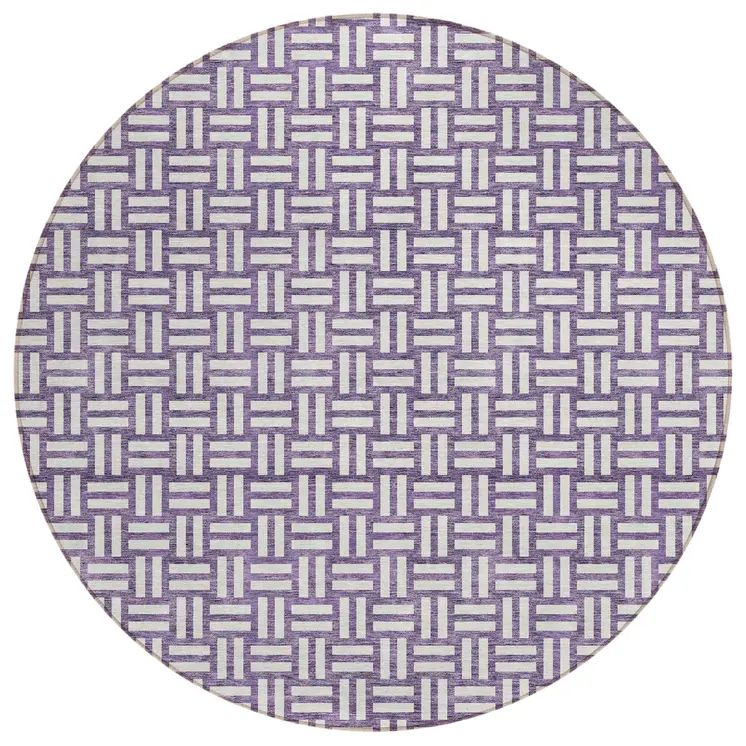 8' Purple And Ivory Round Geometric Washable Indoor Outdoor Area Rug