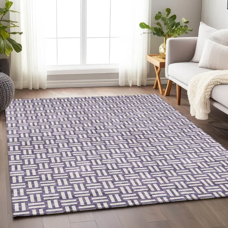 9' X 12' Purple And Ivory Geometric Washable Indoor Outdoor Area Rug