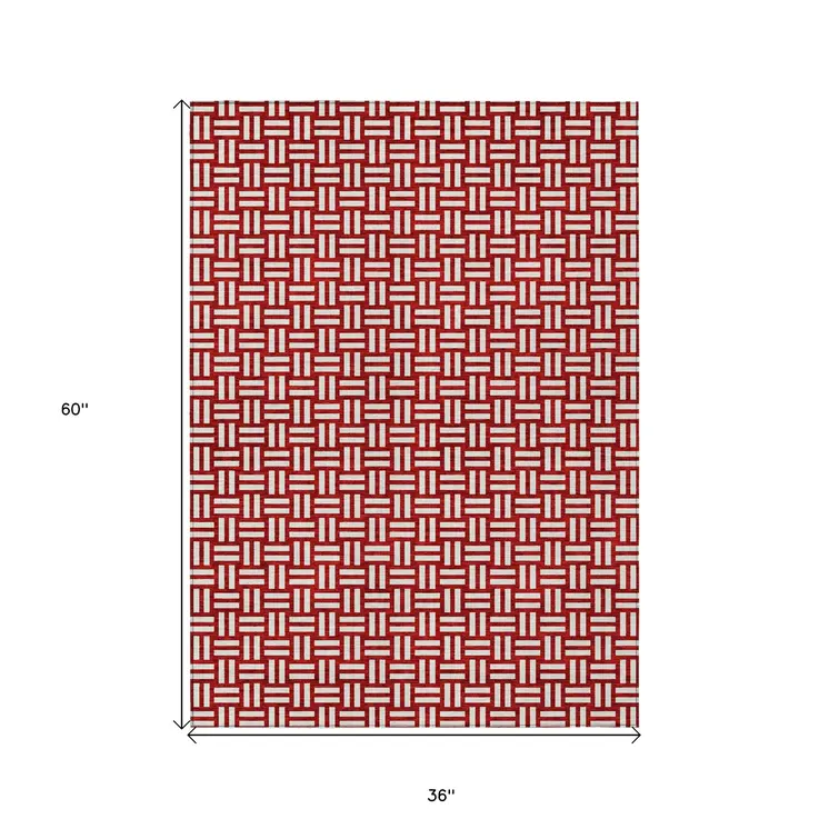 3' X 5' Red And Ivory Geometric Washable Indoor Outdoor Area Rug