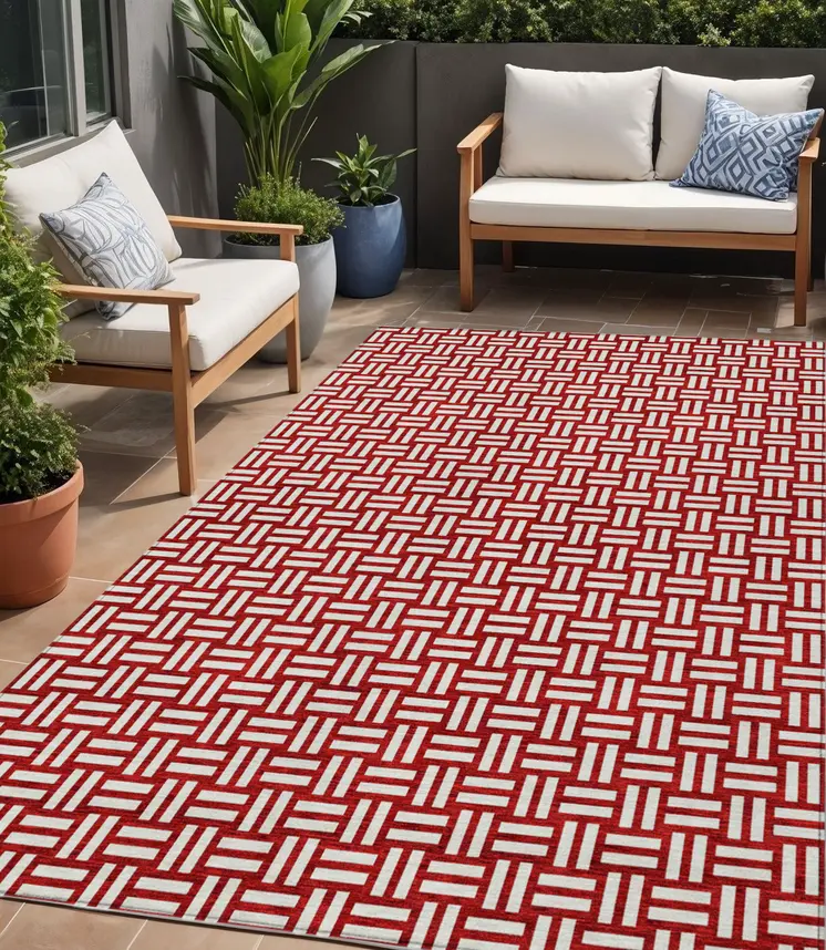 5' X 8' Red And Ivory Geometric Washable Indoor Outdoor Area Rug