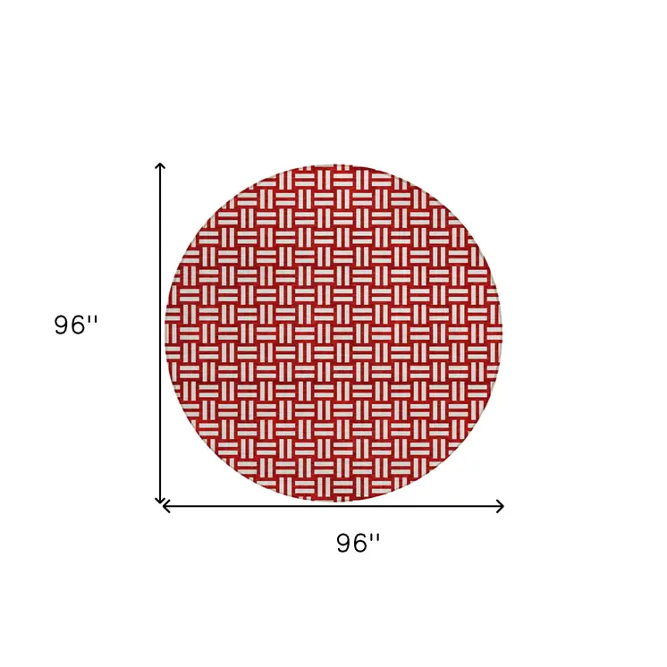 8' Red And Ivory Round Geometric Washable Indoor Outdoor Area Rug