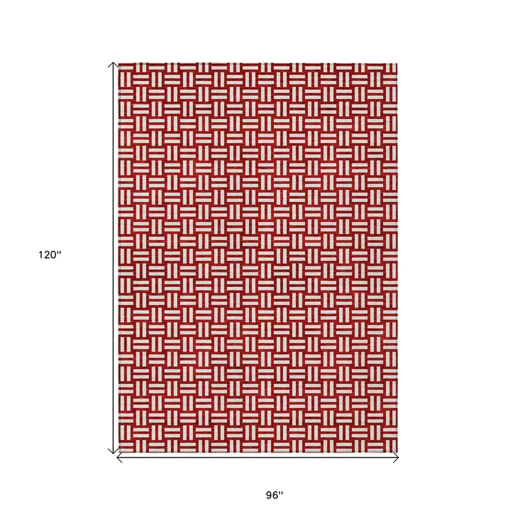 8' X 10' Red And Ivory Geometric Washable Indoor Outdoor Area Rug