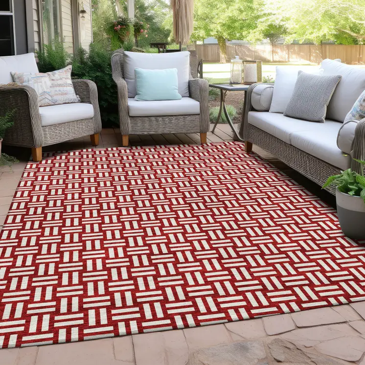 8' X 10' Red And Ivory Geometric Washable Indoor Outdoor Area Rug