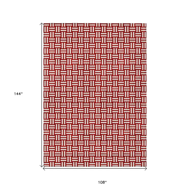 9' X 12' Red And Ivory Geometric Washable Indoor Outdoor Area Rug