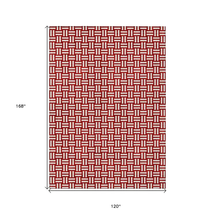10' X 14' Red And Ivory Geometric Washable Indoor Outdoor Area Rug