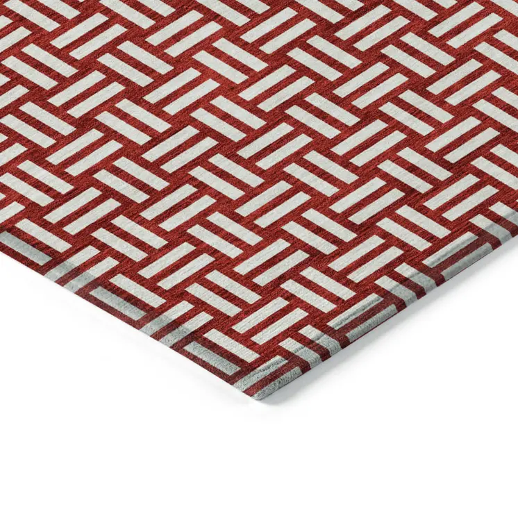 10' X 14' Red And Ivory Geometric Washable Indoor Outdoor Area Rug