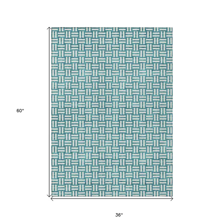 3' X 5' Teal Blue And Gray Geometric Washable Indoor Outdoor Area Rug