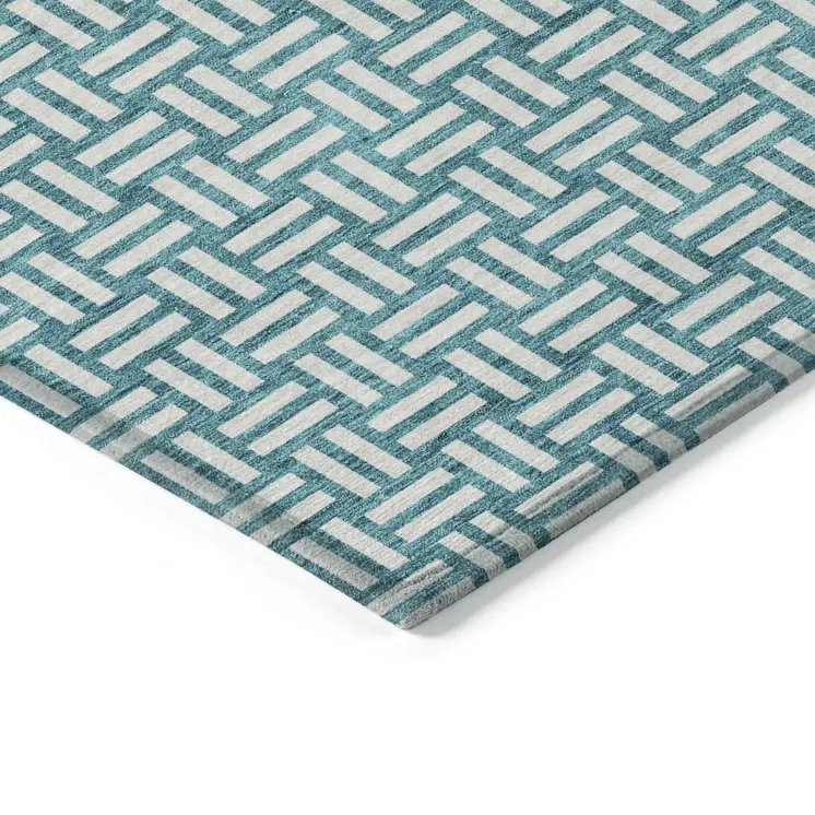 3' X 5' Teal Blue And Gray Geometric Washable Indoor Outdoor Area Rug