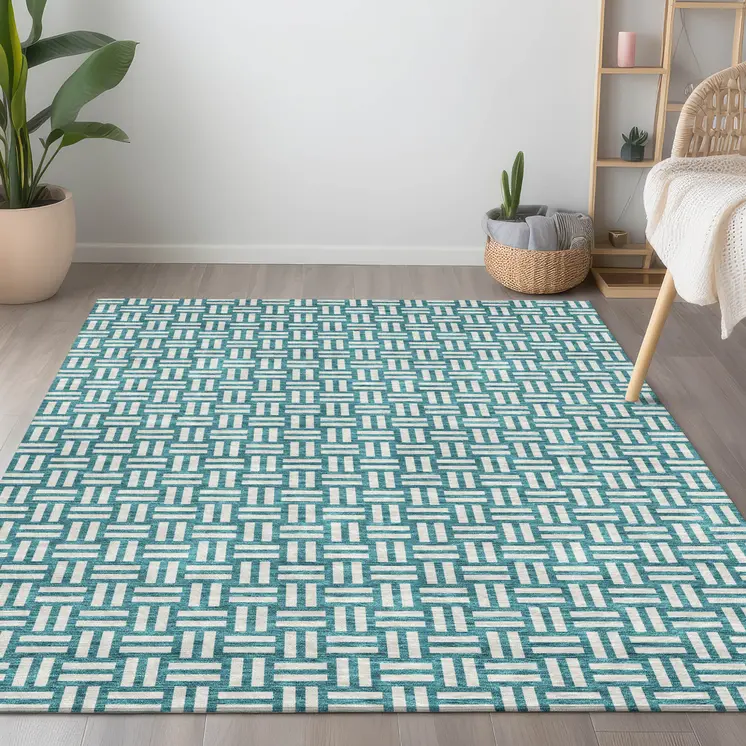 3' X 5' Teal Blue And Gray Geometric Washable Indoor Outdoor Area Rug