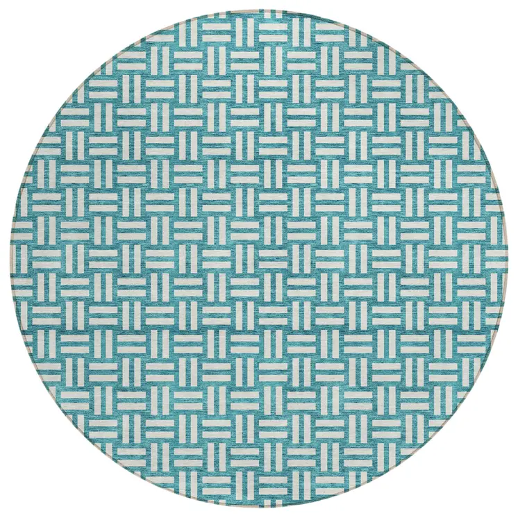 8' Teal Blue And Gray Round Geometric Washable Indoor Outdoor Area Rug