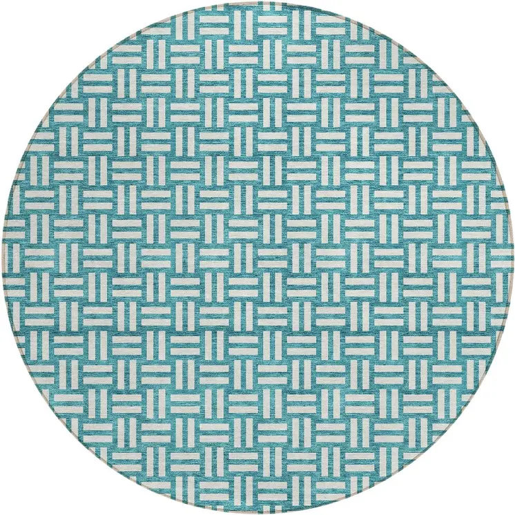 8' Teal Blue And Gray Round Geometric Washable Indoor Outdoor Area Rug