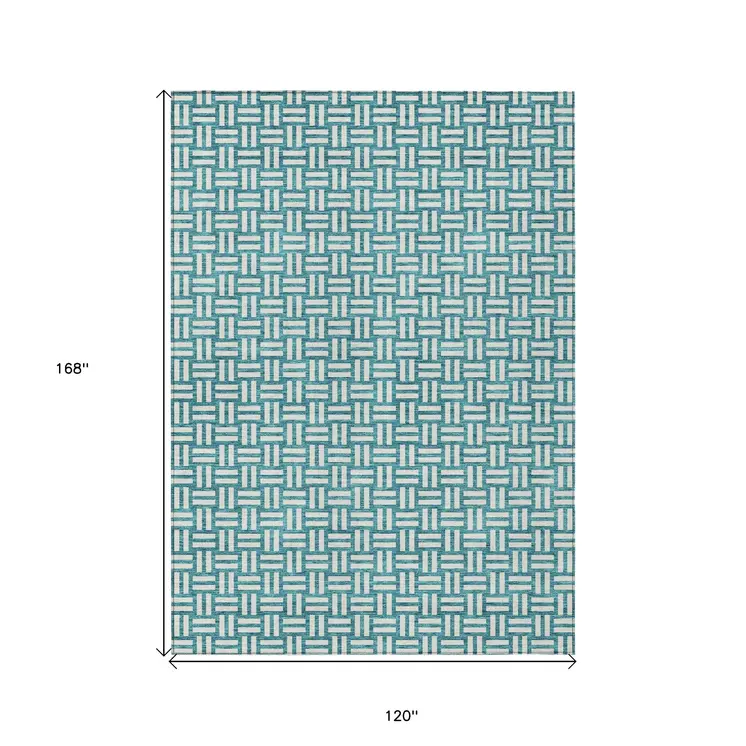 10' X 14' Teal Blue And Gray Geometric Washable Indoor Outdoor Area Rug