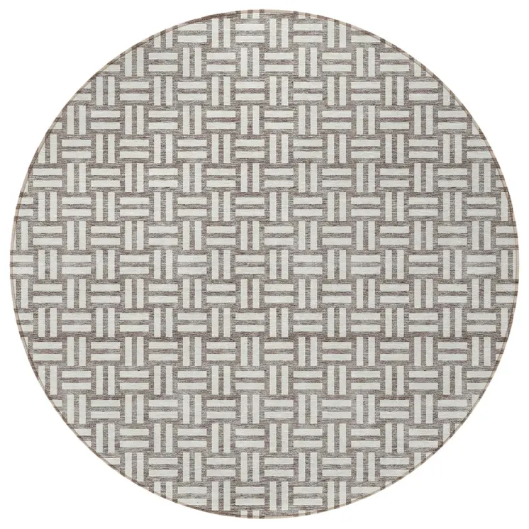 8' Taupe And Gray Round Geometric Washable Indoor Outdoor Area Rug