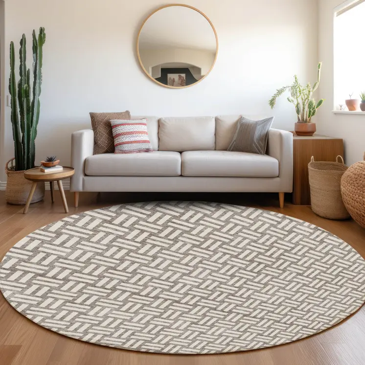8' Taupe And Gray Round Geometric Washable Indoor Outdoor Area Rug