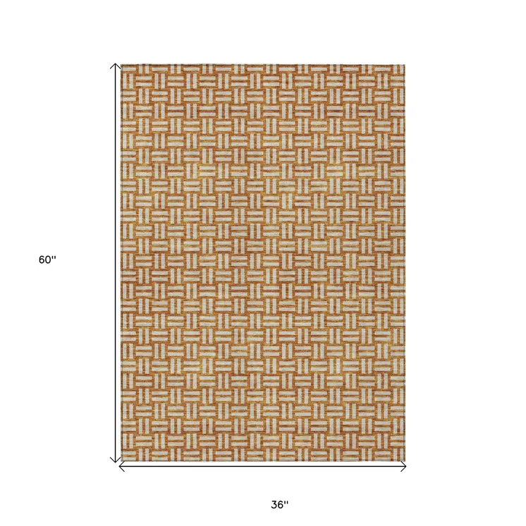 3' X 5' Terra Cotta And Beige Geometric Washable Indoor Outdoor Area Rug