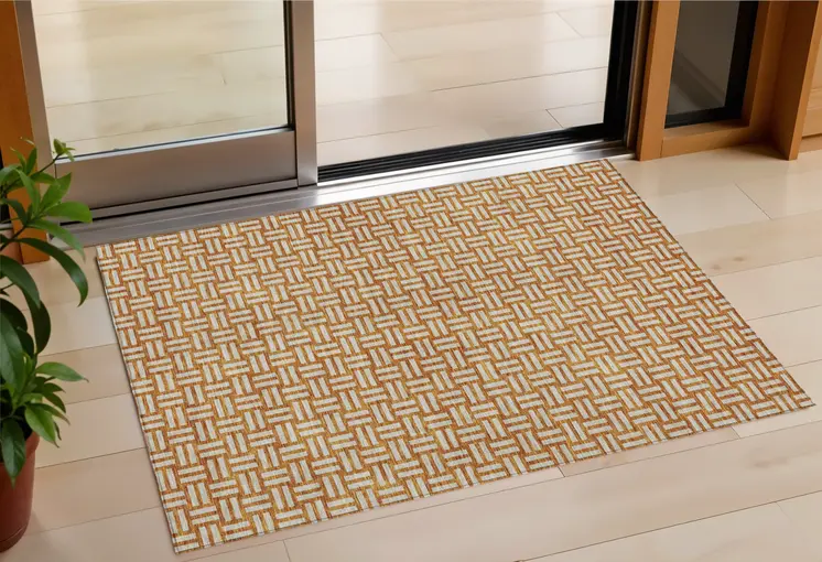 3' X 5' Terra Cotta And Beige Geometric Washable Indoor Outdoor Area Rug