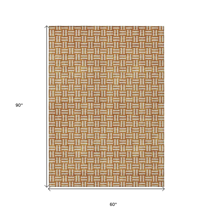 5' X 8' Terra Cotta And Beige Geometric Washable Indoor Outdoor Area Rug