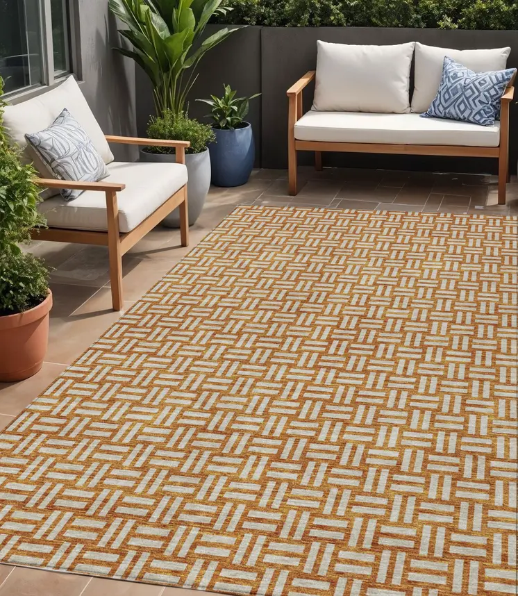 5' X 8' Terra Cotta And Beige Geometric Washable Indoor Outdoor Area Rug
