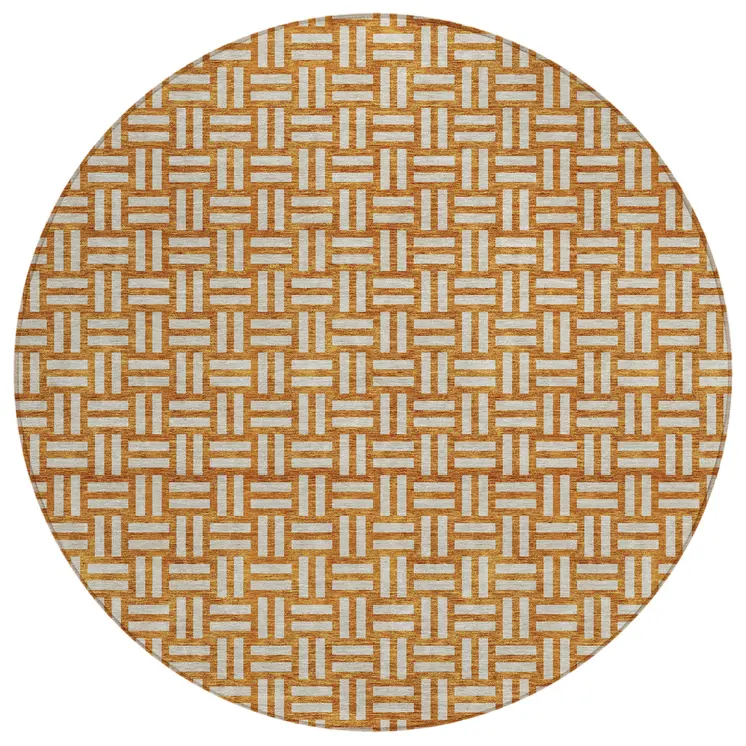 8' Terra Cotta And Beige Round Geometric Washable Indoor Outdoor Area Rug
