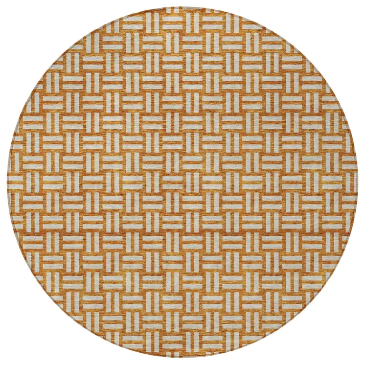 8' Terra Cotta And Beige Round Geometric Washable Indoor Outdoor Area Rug