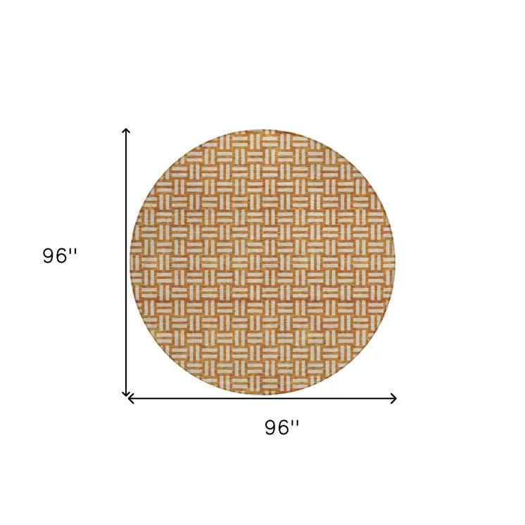 8' Terra Cotta And Beige Round Geometric Washable Indoor Outdoor Area Rug