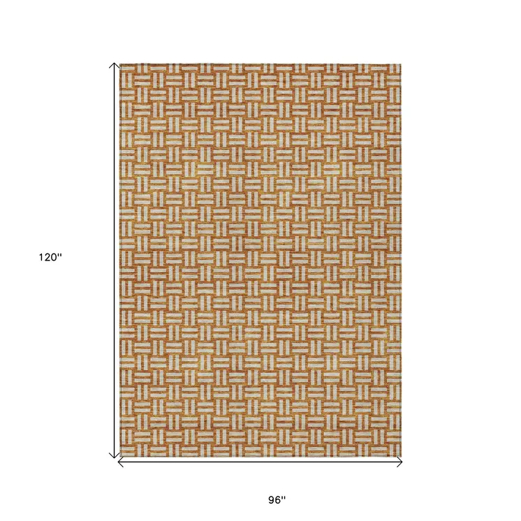 8' X 10' Terra Cotta And Beige Geometric Washable Indoor Outdoor Area Rug
