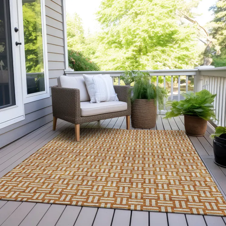 8' X 10' Terra Cotta And Beige Geometric Washable Indoor Outdoor Area Rug