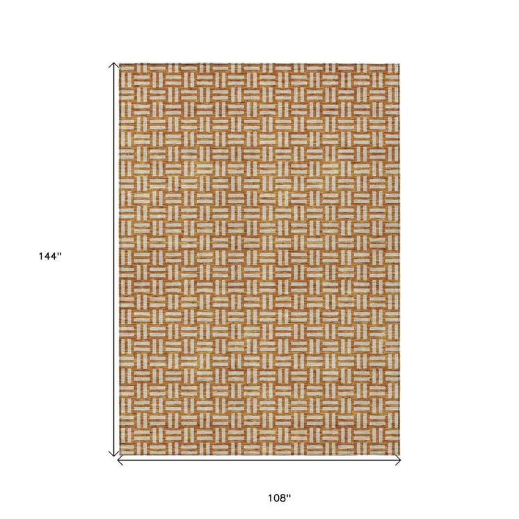 9' X 12' Terra Cotta And Beige Geometric Washable Indoor Outdoor Area Rug