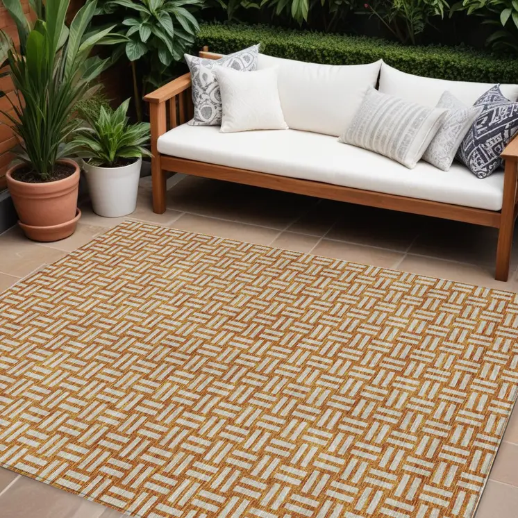 9' X 12' Terra Cotta And Beige Geometric Washable Indoor Outdoor Area Rug