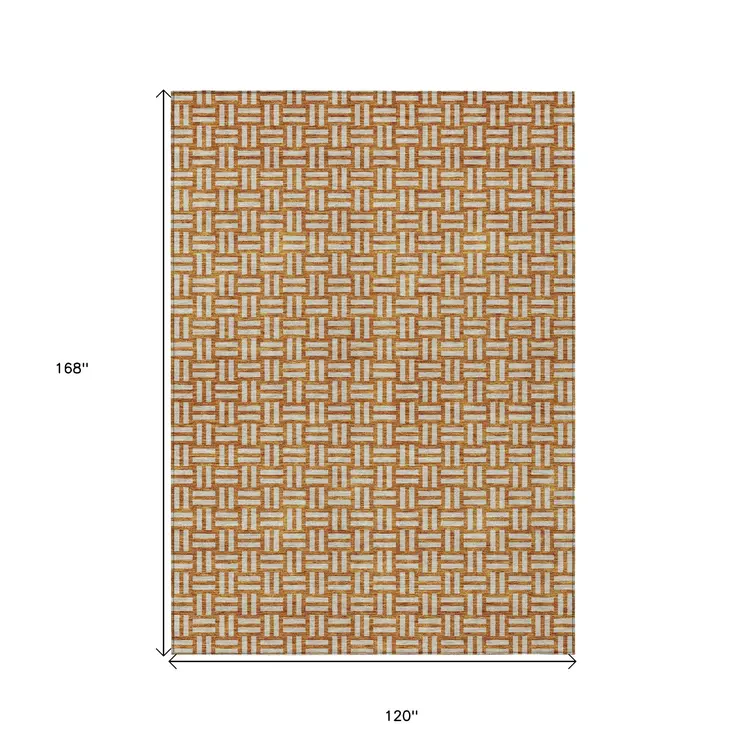 10' X 14' Terra Cotta And Beige Geometric Washable Indoor Outdoor Area Rug