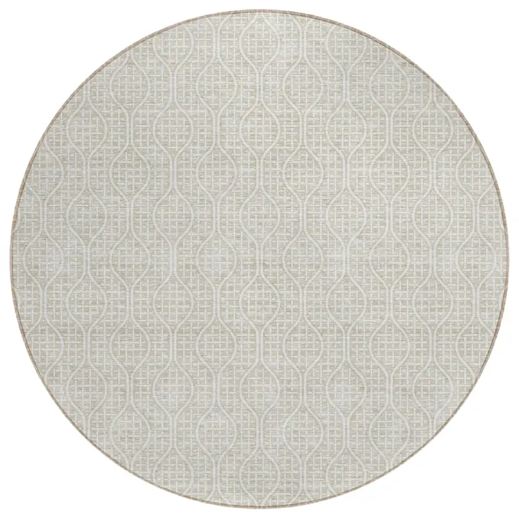 8' Beige And Ivory Round Geometric Washable Indoor Outdoor Area Rug