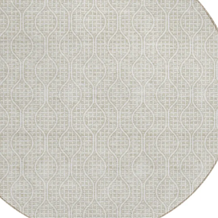 8' Beige And Ivory Round Geometric Washable Indoor Outdoor Area Rug
