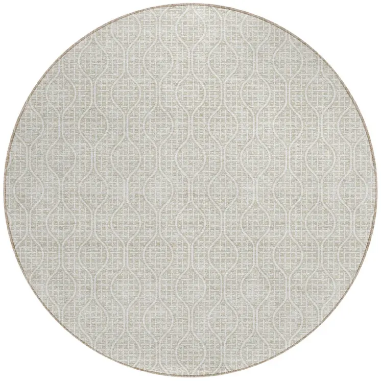 8' Beige And Ivory Round Geometric Washable Indoor Outdoor Area Rug