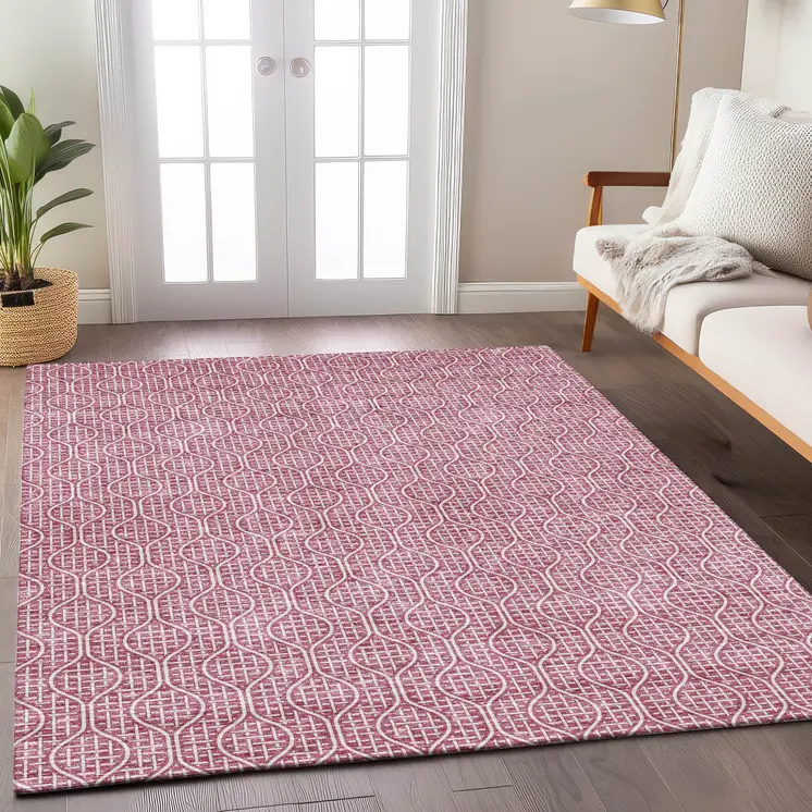 3' X 5' Blush And Ivory Geometric Washable Indoor Outdoor Area Rug