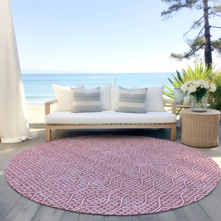 8' Blush And Ivory Round Geometric Washable Indoor Outdoor Area Rug