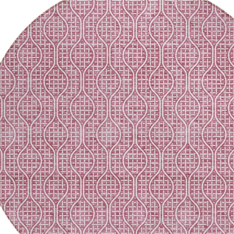 8' Blush And Ivory Round Geometric Washable Indoor Outdoor Area Rug