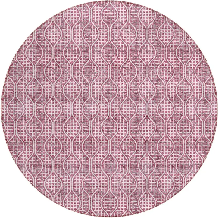 8' Blush And Ivory Round Geometric Washable Indoor Outdoor Area Rug