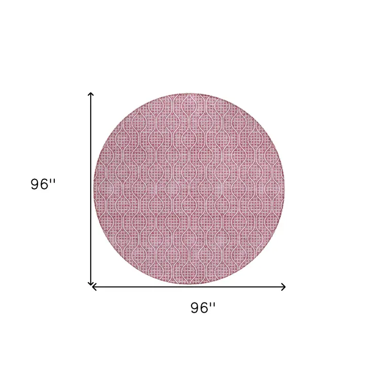 8' Blush And Ivory Round Geometric Washable Indoor Outdoor Area Rug