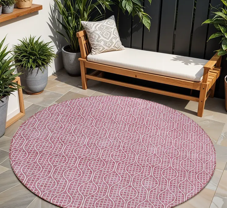 8' Blush And Ivory Round Geometric Washable Indoor Outdoor Area Rug