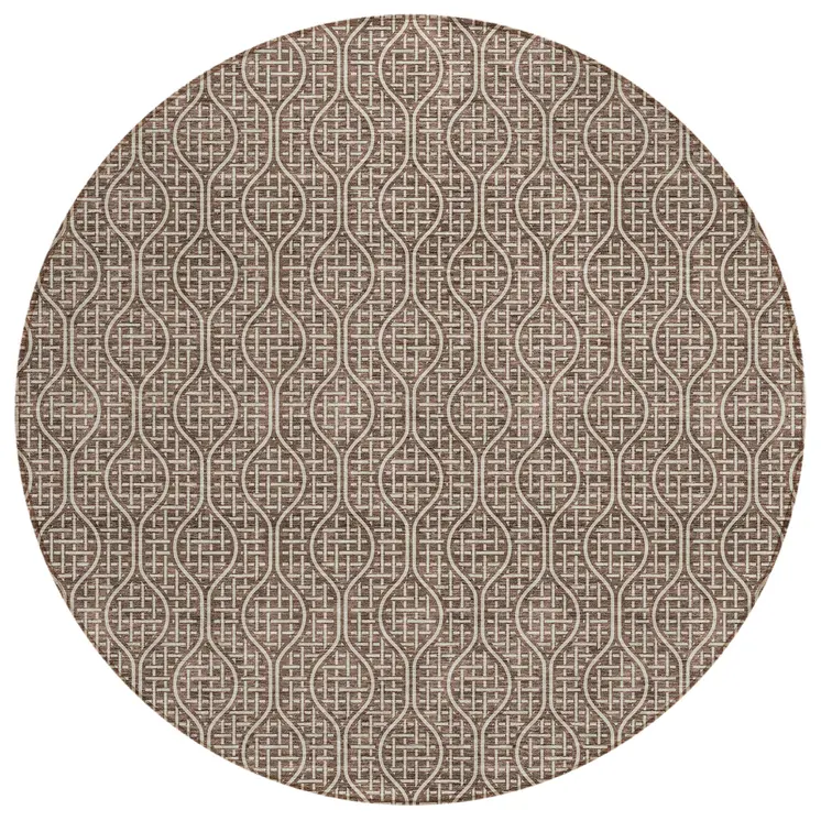 8' Brown And Beige Round Geometric Washable Indoor Outdoor Area Rug